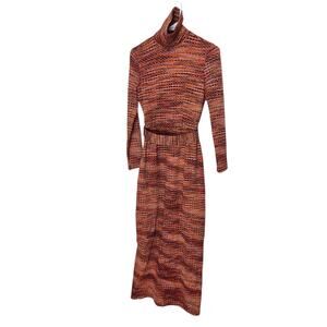 Vintage 1960s Calderon Metallic Knit Maxi Dress Belted Turtleneck Sz 8